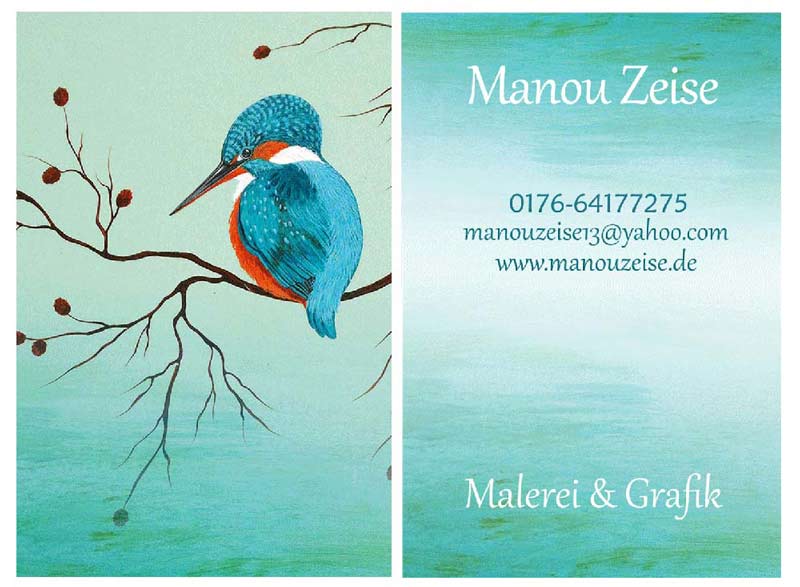 Visitenkarte für eine Künstlerin, Vorderseite Eisvogel (Türkis, Orange) sitzt auf ein Ast.